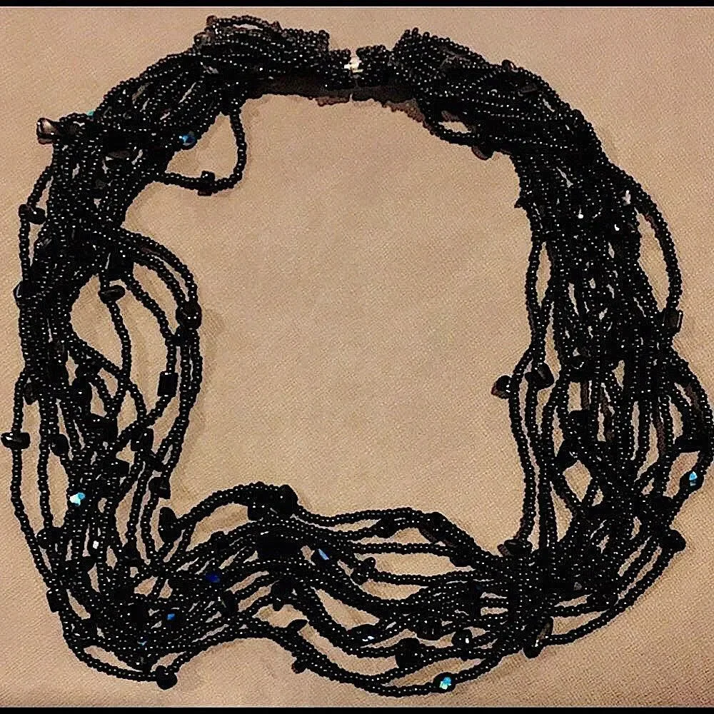 Vintage Black Onyx & Black Seed Bead Multi-Strand Necklace